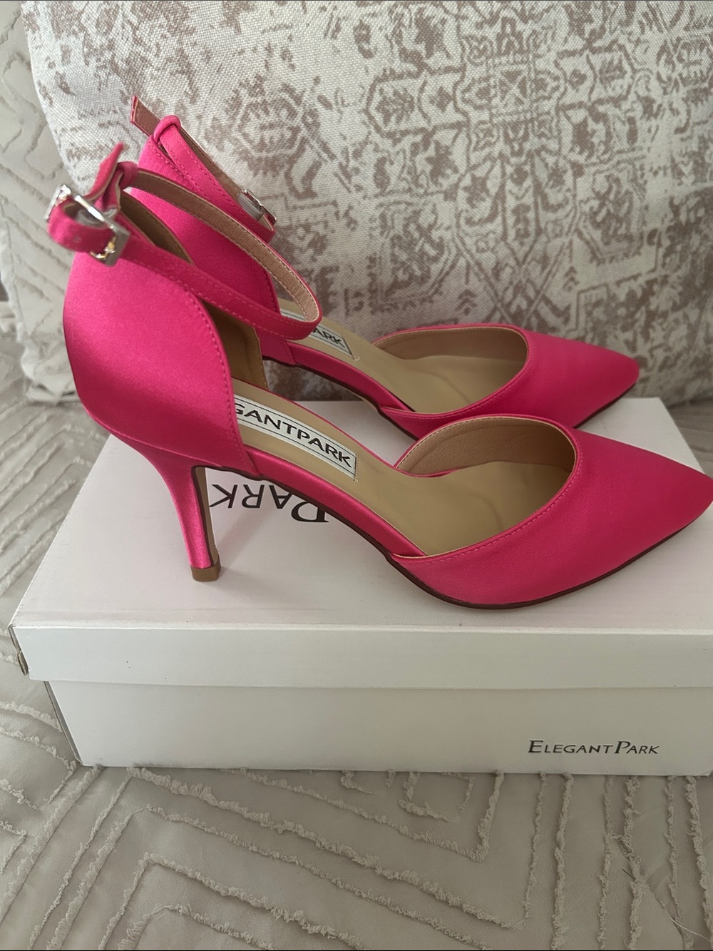 ElegantPark Women's Fuchsia Satin Ankle-Strap Heels